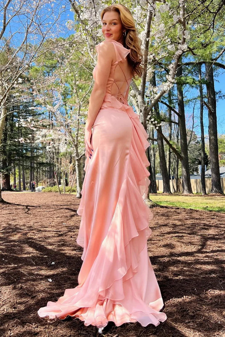 Ailani | Emerald Green Square Neck Ruffle Slit Prom Dress