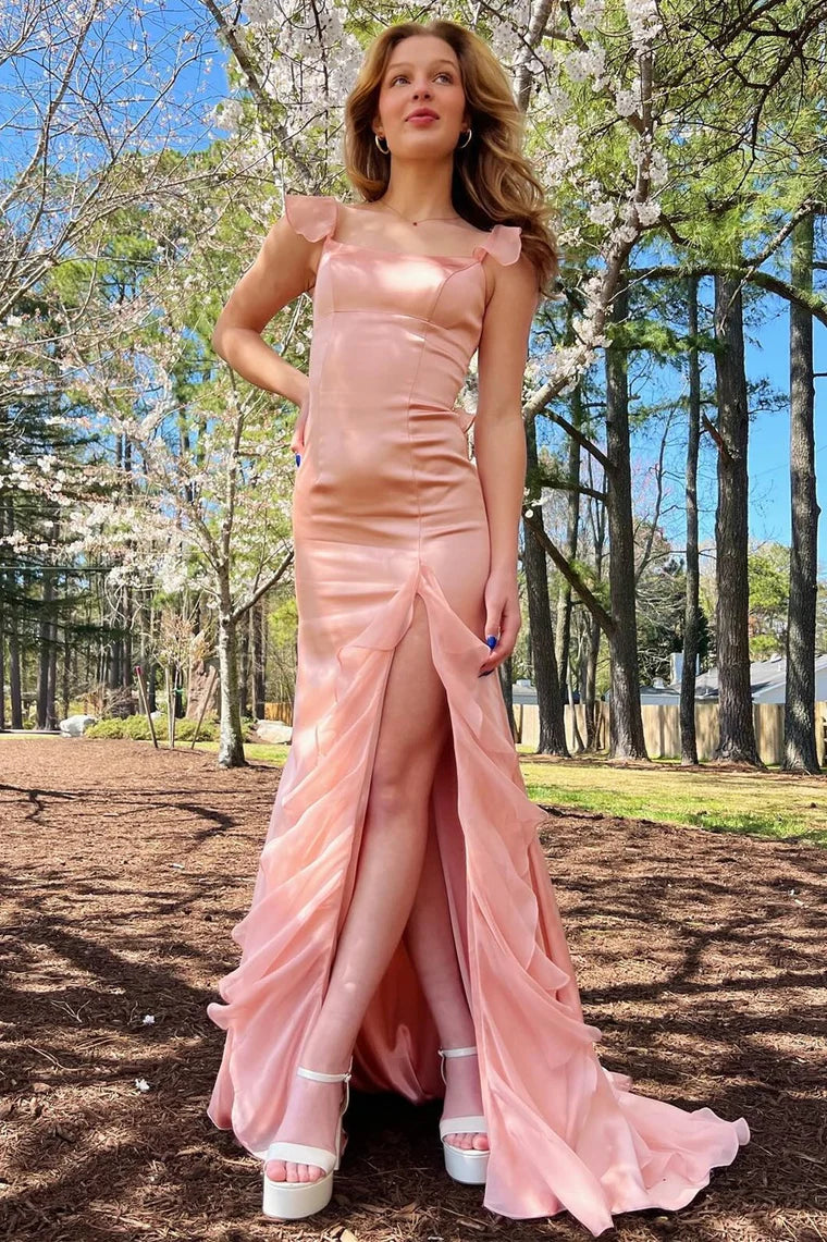 Ailani | Emerald Green Square Neck Ruffle Slit Prom Dress