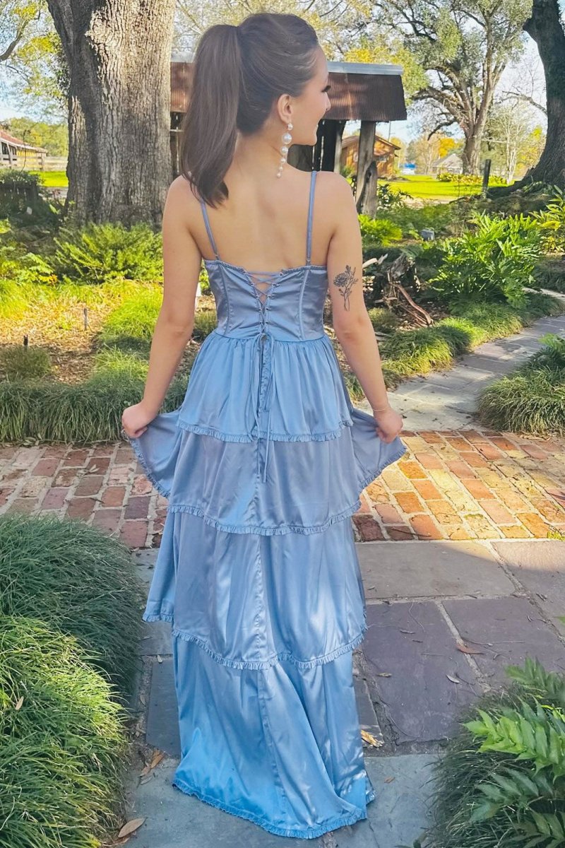 Periwinkle Corset Multi - Layer Ruffle Long Prom Dress - KissProm