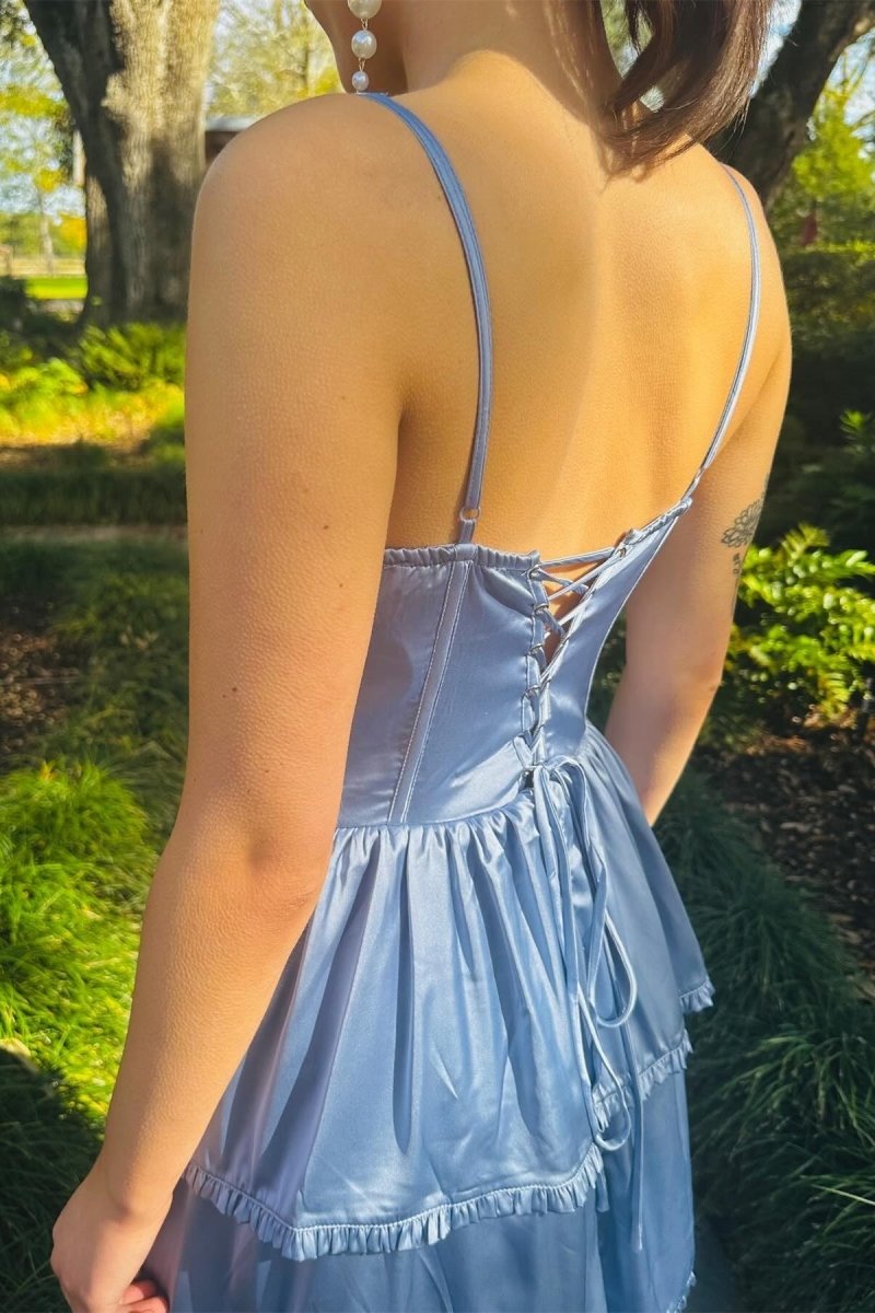 Periwinkle Corset Multi - Layer Ruffle Long Prom Dress - KissProm