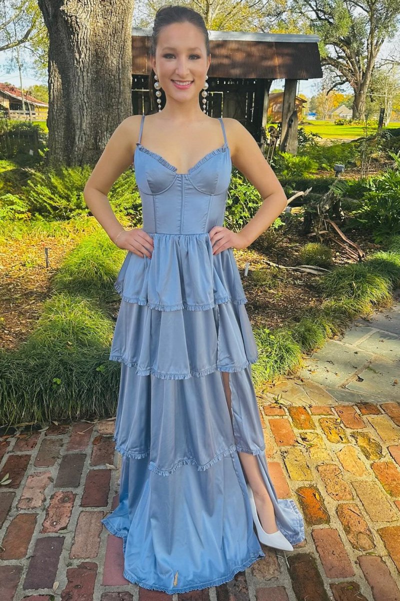 Periwinkle Corset Multi - Layer Ruffle Long Prom Dress - KissProm