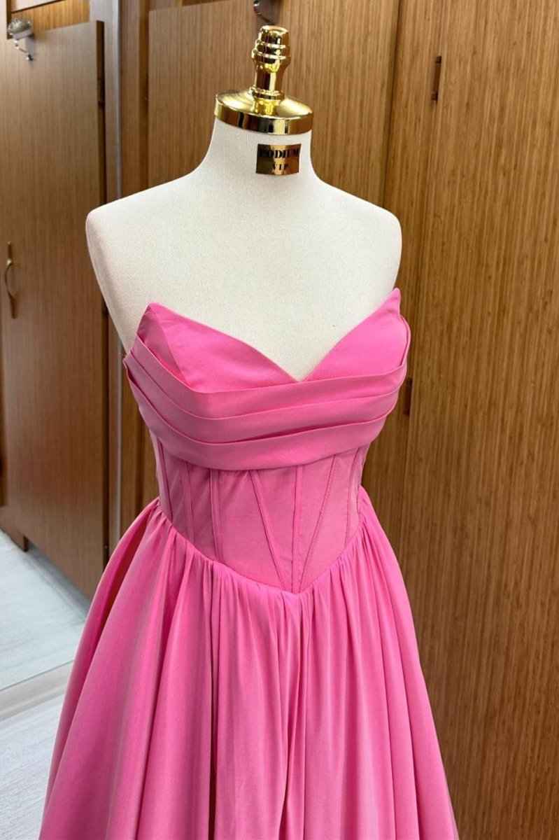 Hot Pink Strapless Lace - Up A - Line Long Formal Dress - KissProm