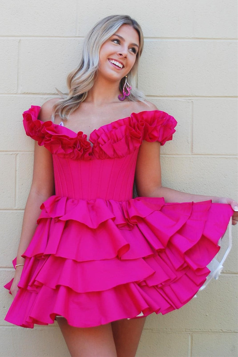 A-Line Off-the-Shoulder Corset Ruffle Tiered Homecoming Dress