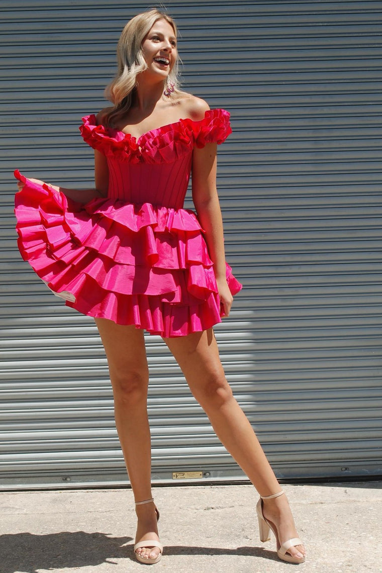 A-Line Off-the-Shoulder Corset Ruffle Tiered Homecoming Dress