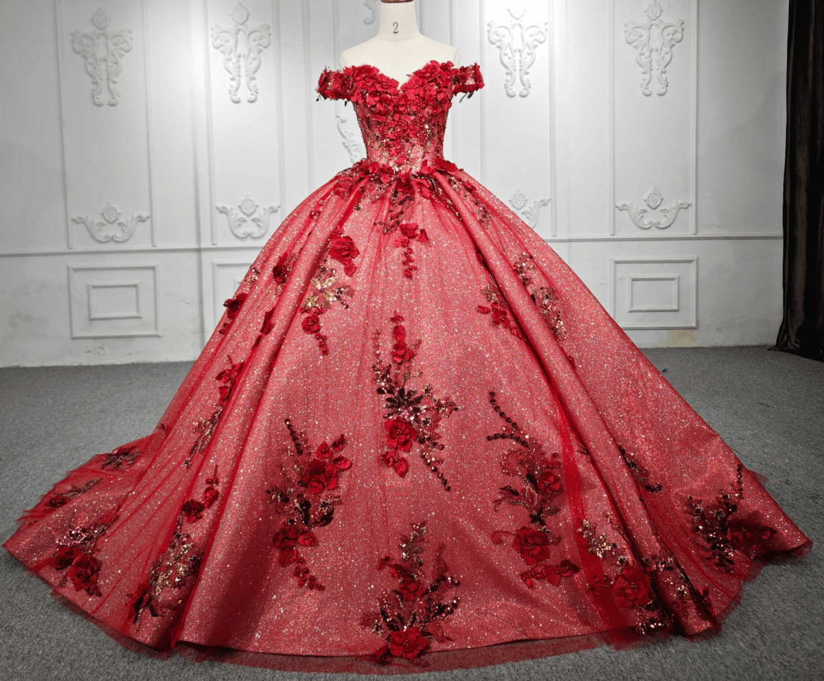 Red Flower Off - the - Shoulder Quinceañera Dress - KissProm