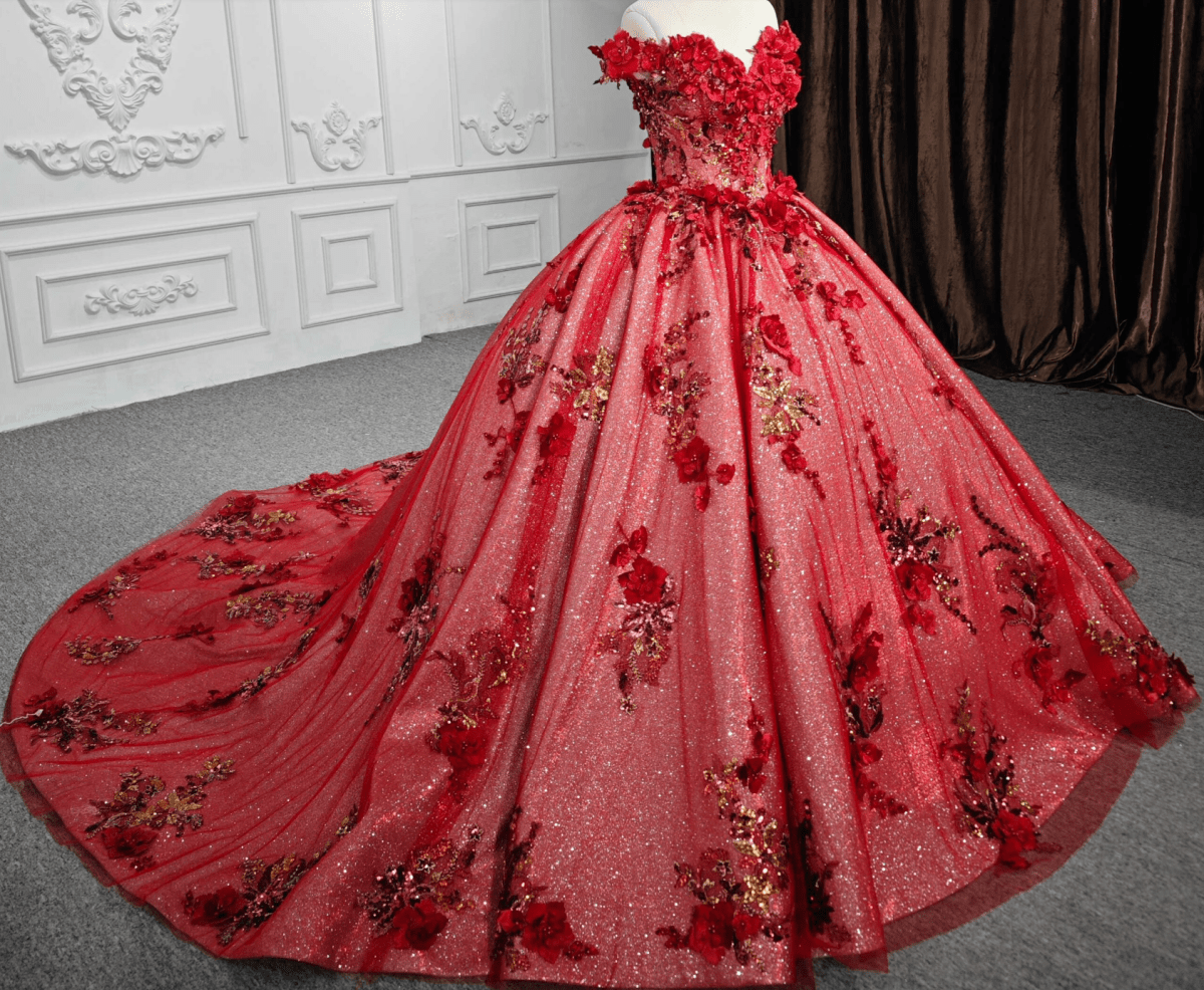 Red Flower Off - the - Shoulder Quinceañera Dress - KissProm