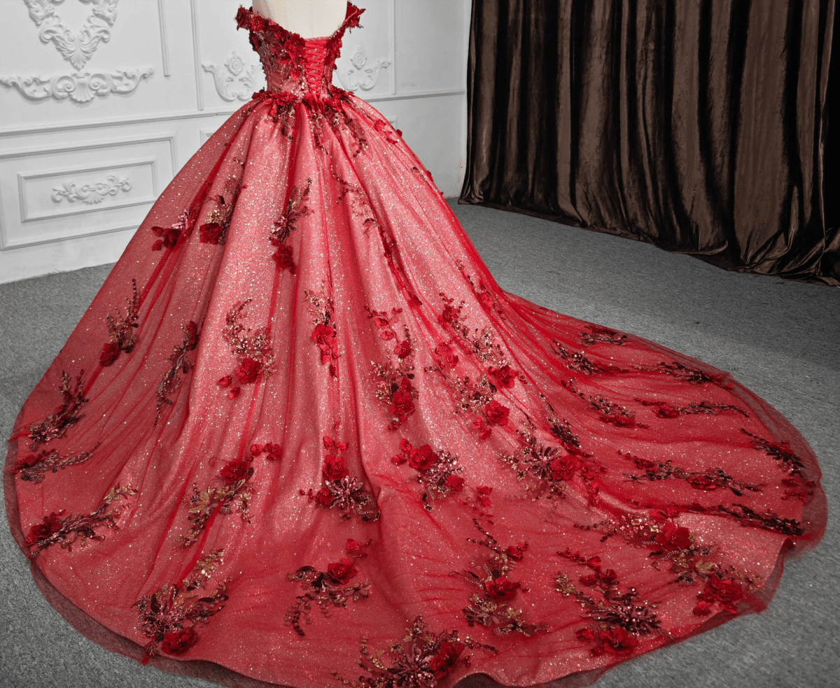 Red Flower Off - the - Shoulder Quinceañera Dress - KissProm