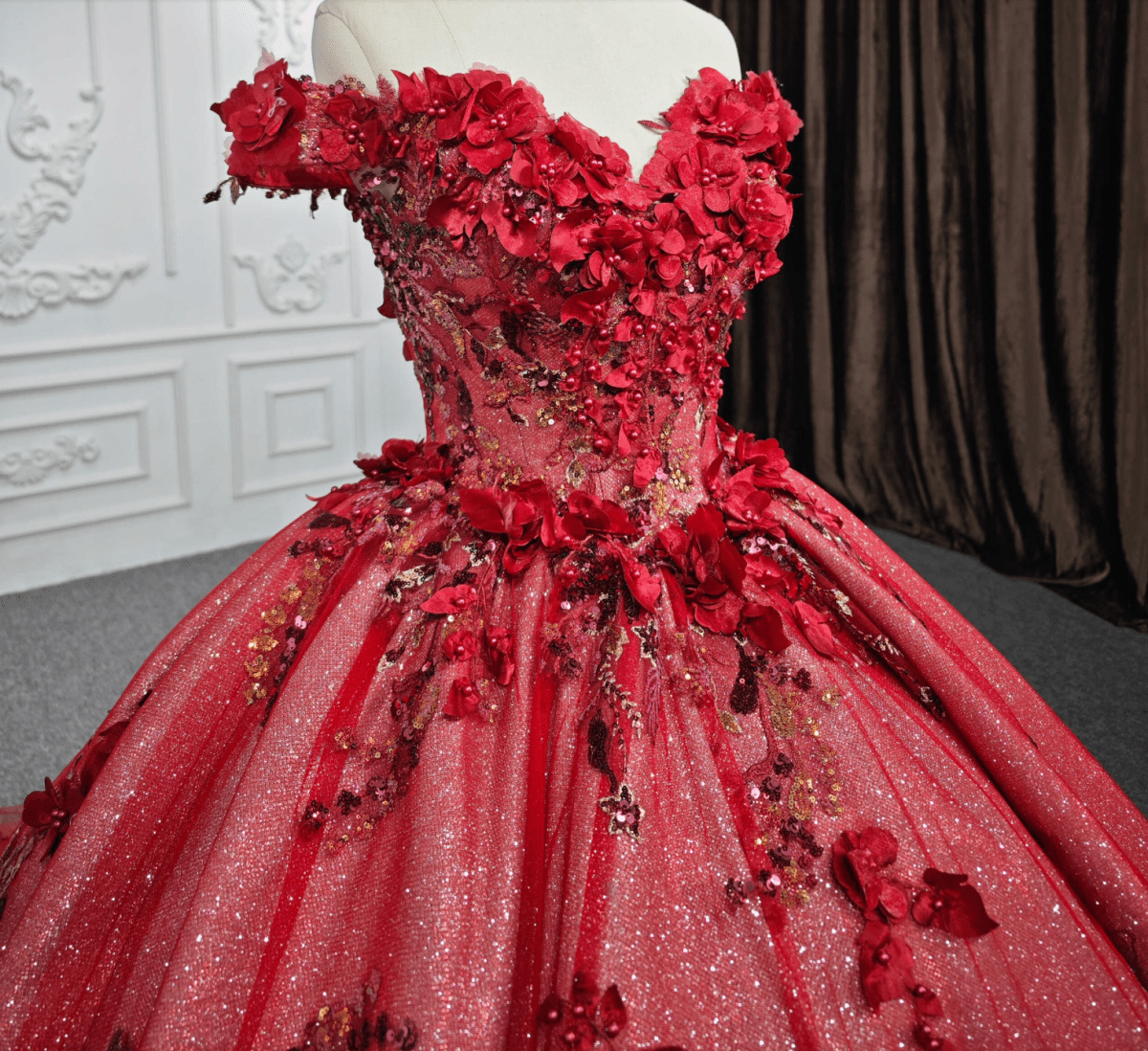 Red Flower Off - the - Shoulder Quinceañera Dress - KissProm