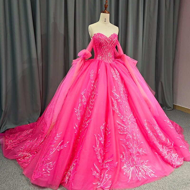 Lace Hot Pink Sequins Ball Gown Quinceañera Dress