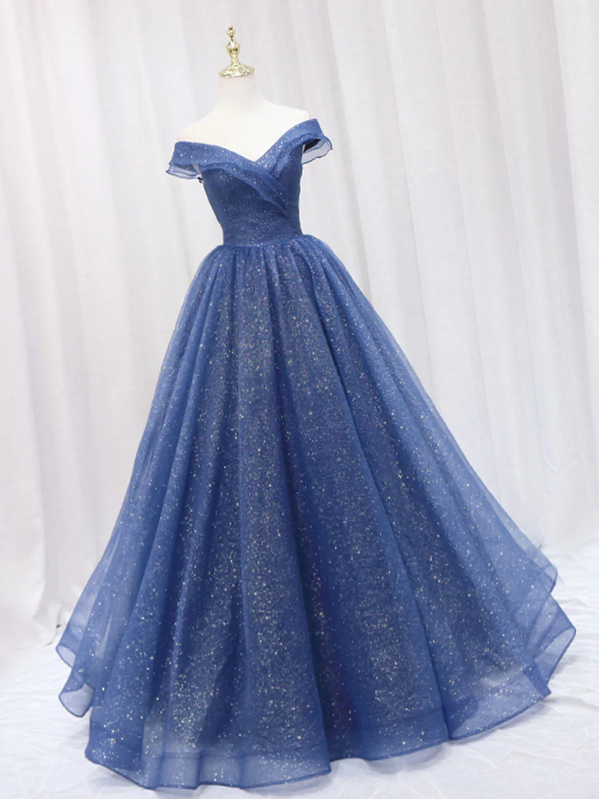 Shiny Off Shoulder Navy Blue Tulle Long Prom Dresses Navy Blue Formal Graduation Evening Dresses