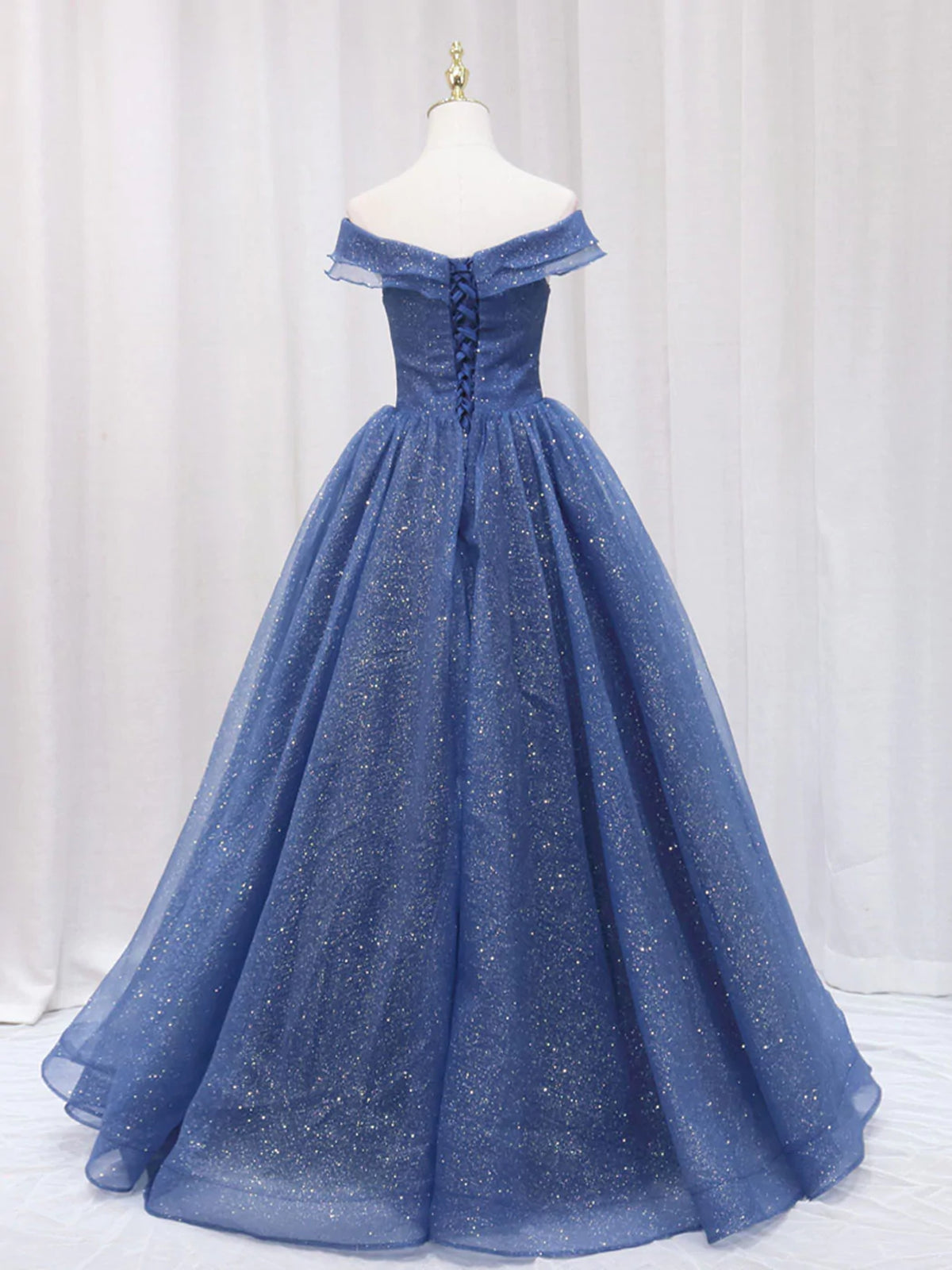 Shiny Off Shoulder Navy Blue Tulle Long Prom Dresses Navy Blue Formal Graduation Evening Dresses