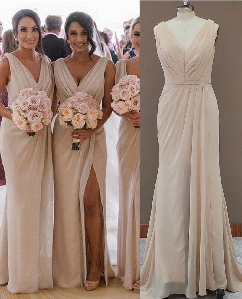 Long beige bridesmaid dresses hotsell