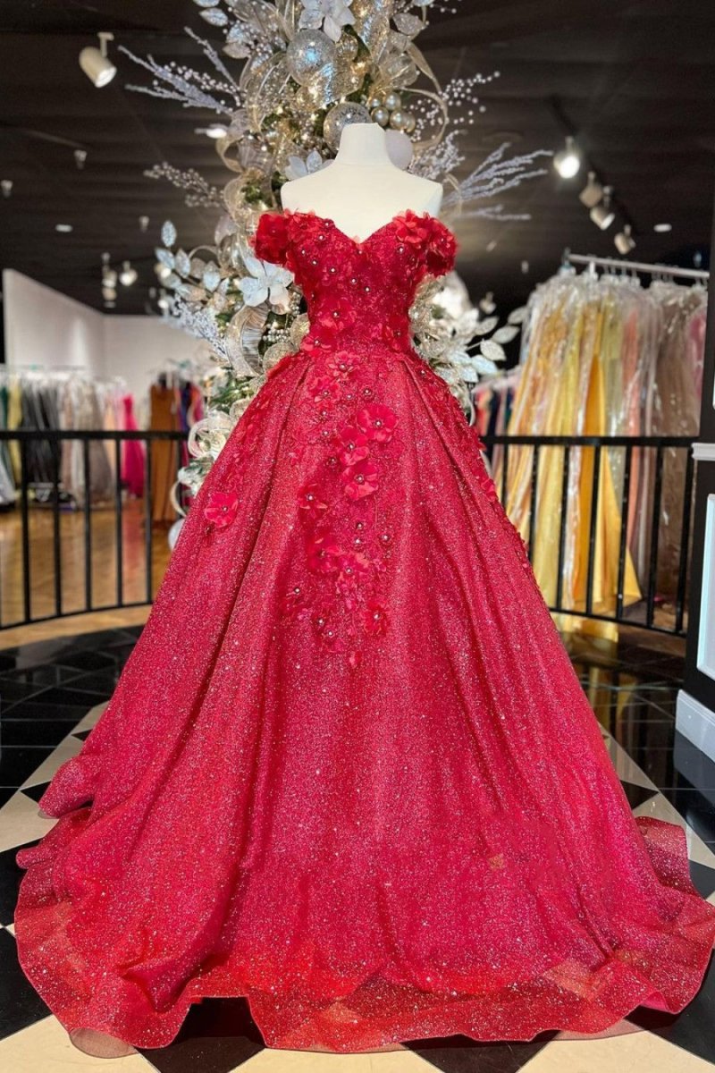 Chic Ball Gown V Neck Beads Appliques Red Off - the - Shoulder Long Quinceanera Dresses - KissProm