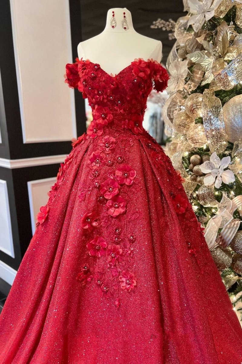 Chic Ball Gown V Neck Beads Appliques Red Off - the - Shoulder Long Quinceanera Dresses - KissProm