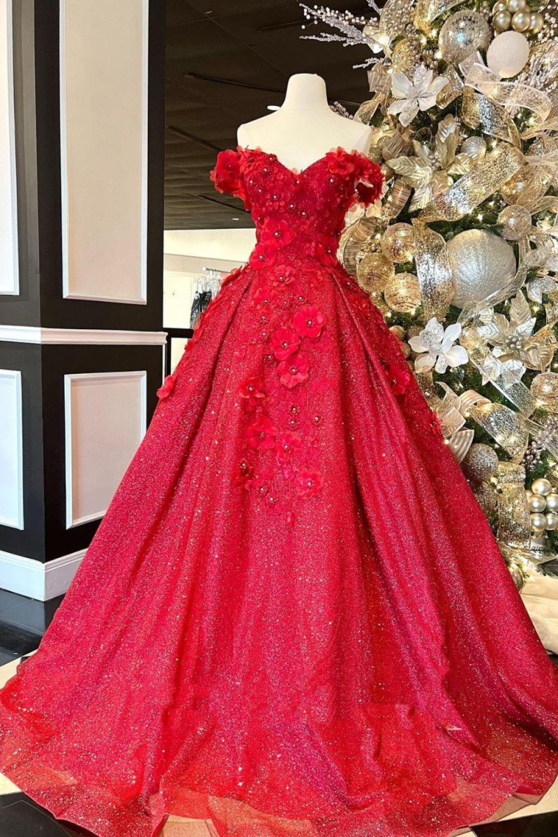 Chic Ball Gown V Neck Beads Appliques Red Off - the - Shoulder Long Quinceanera Dresses - KissProm