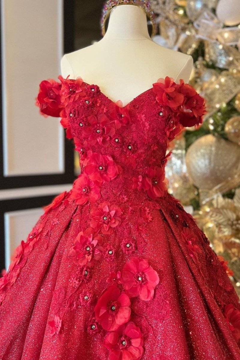 Chic Ball Gown V Neck Beads Appliques Red Off - the - Shoulder Long Quinceanera Dresses - KissProm