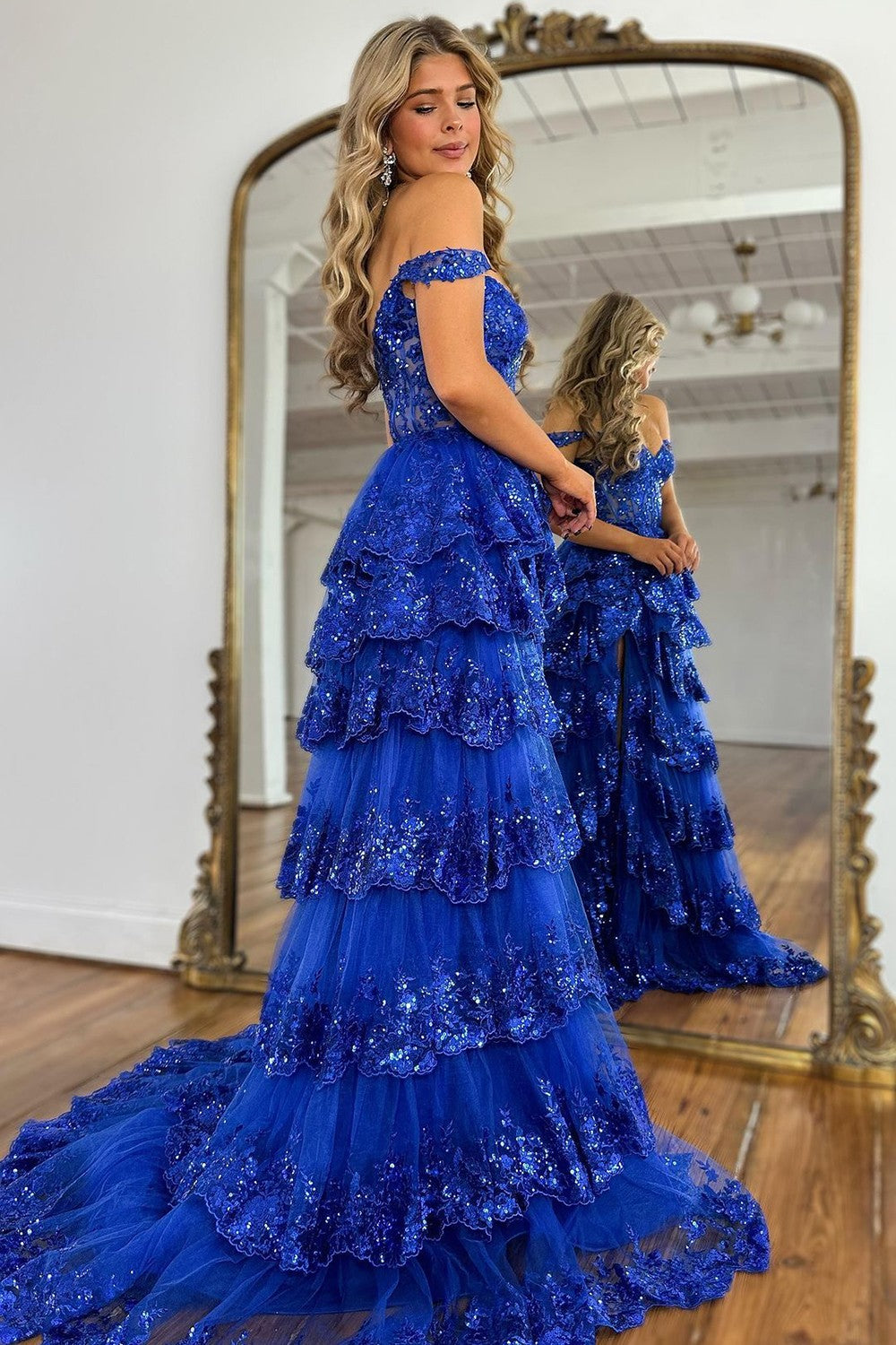 Elegant Off Shoulder Blue Lace Floral Long Prom Dresses, Off the Shoul –  Eip Collection