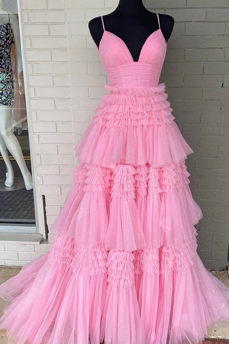 Amanda | Tulle Deep V Neck Spaghetti Straps Long Prom Dress - KissProm