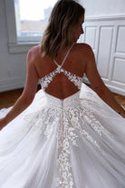 Chic A Line Spaghetti Straps Tulle Sweep Train Wedding Dresses With Appliques - KissProm