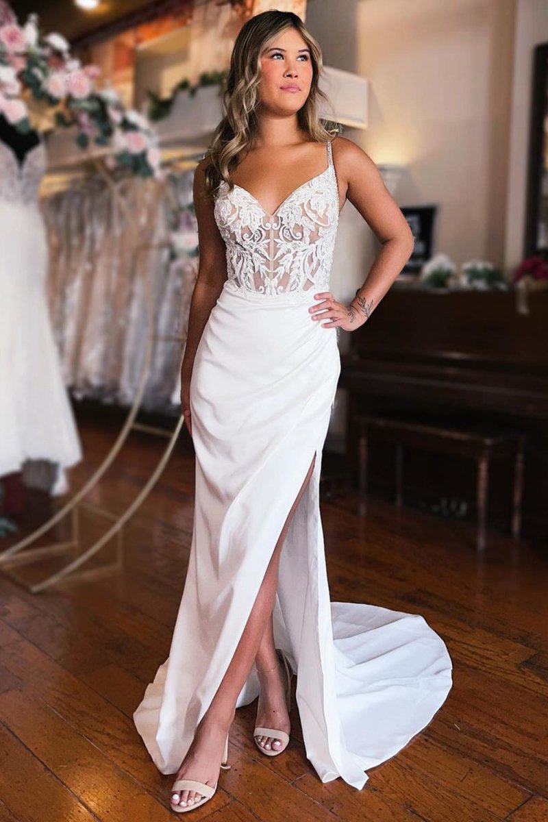 Emmie | Sheath White Lace - Up Back Wedding Dress with Slit - KissProm