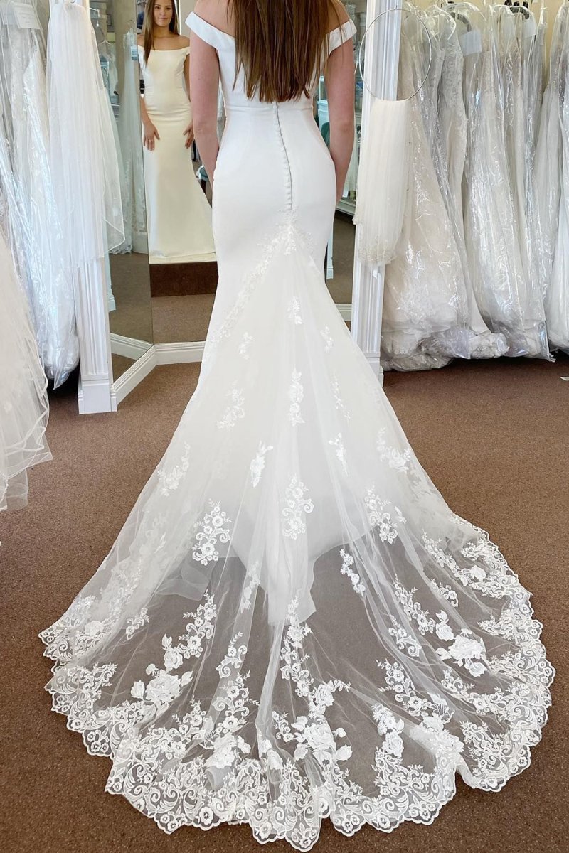 Liberty | White Off the Shoulder Long Mermaid Wedding Dress with Lace Appliques - KissProm