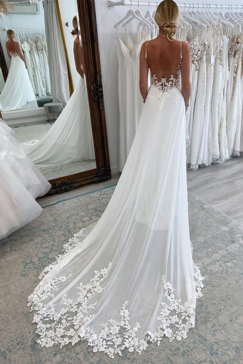 Rayna | White Long Chiffon Boho A - Line Wedding Dress with Lace - KissProm