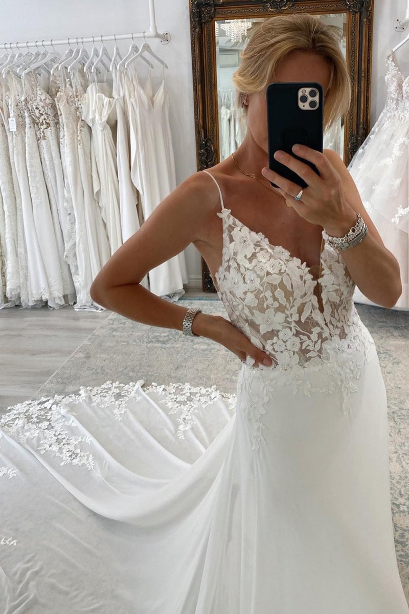 Rayna | White Long Chiffon Boho A - Line Wedding Dress with Lace - KissProm