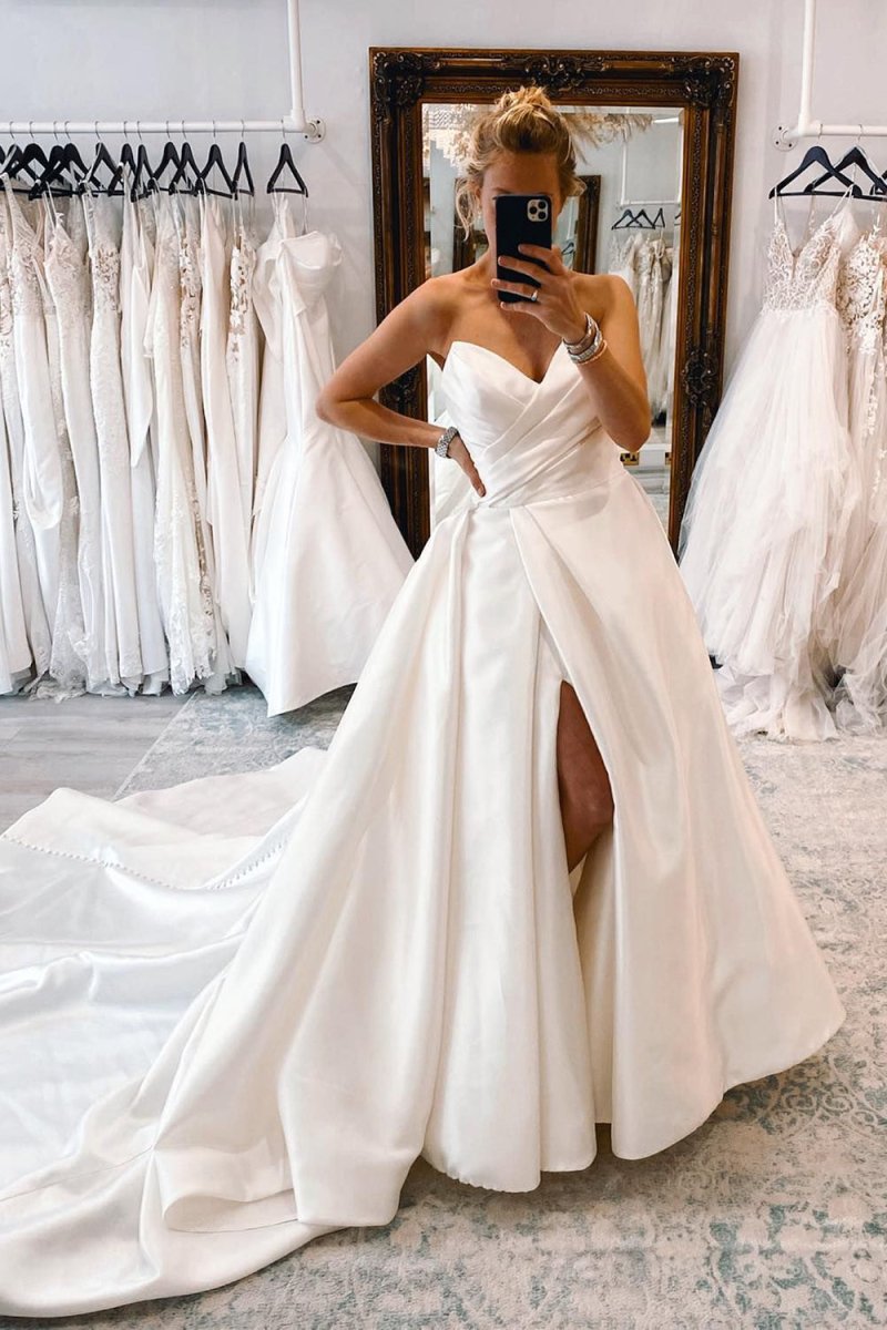 Milana | White Satin Long A - Line Wedding Dress with Slit - KissProm