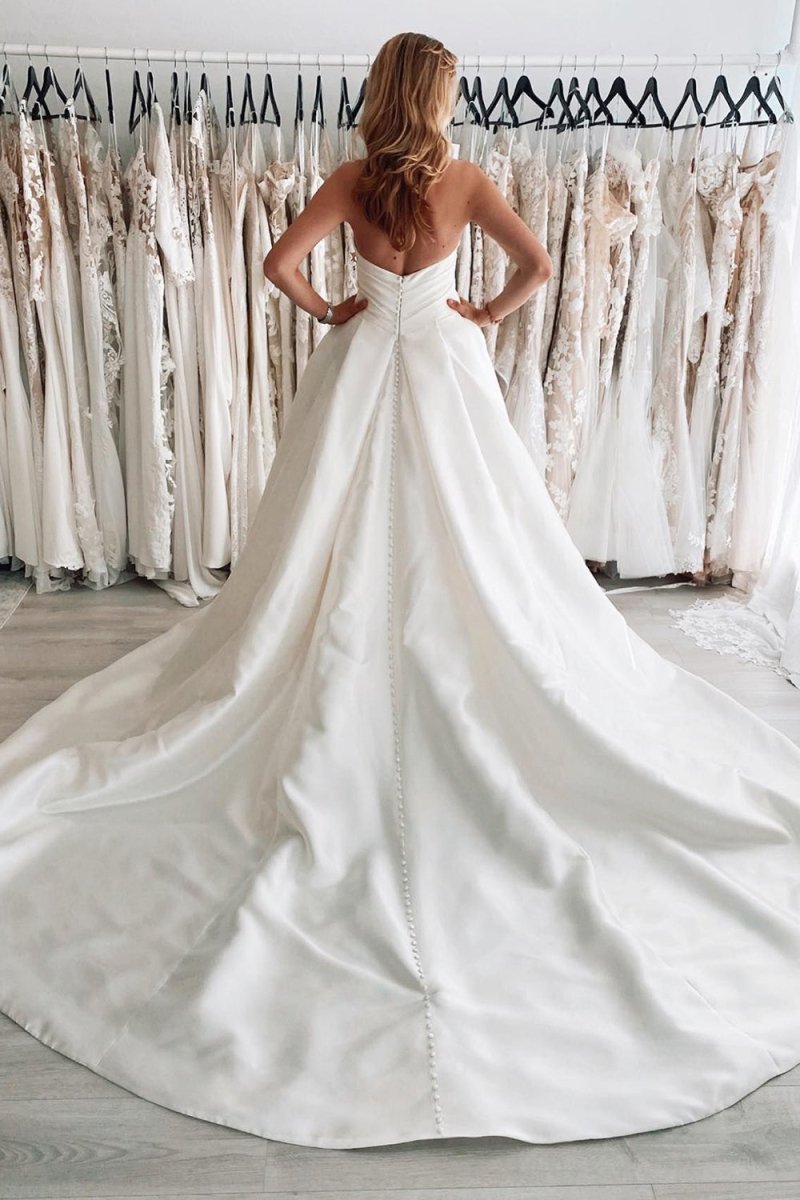 Milana | White Satin Long A - Line Wedding Dress with Slit - KissProm