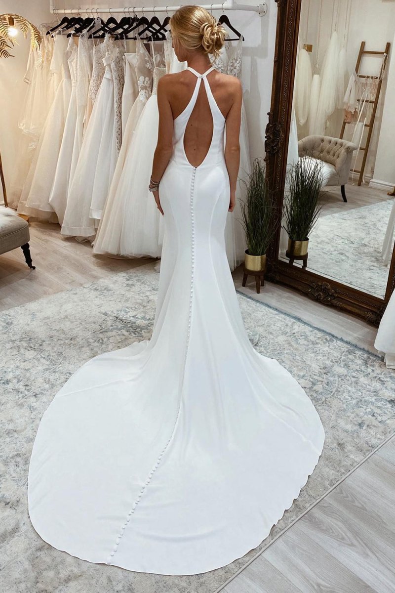 Milena | Simple White Halter Open Back Long Wedding Dress - KissProm