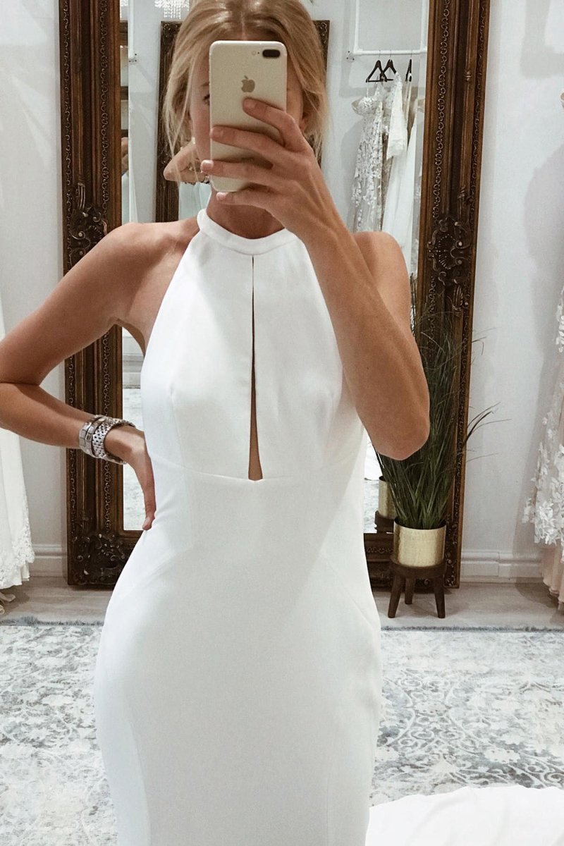 Milena | Simple White Halter Open Back Long Wedding Dress - KissProm