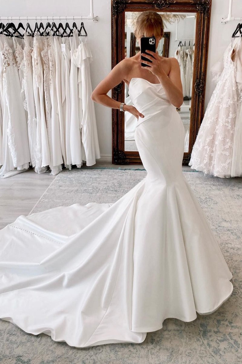 Halo | White Strapless Satin Long Mermaid Wedding Dress - KissProm