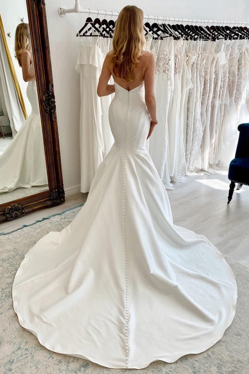 Halo | White Strapless Satin Long Mermaid Wedding Dress - KissProm