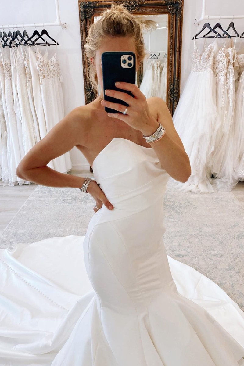 Halo | White Strapless Satin Long Mermaid Wedding Dress - KissProm