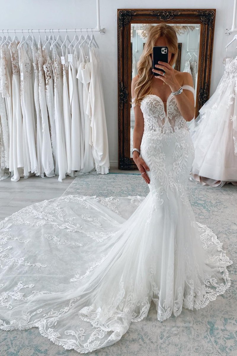 Jream | White Long Tulle Mermaid Wedding Dress with Lace Appliques - KissProm