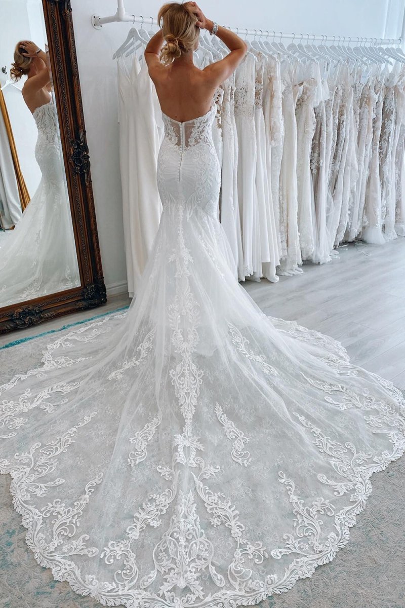 Jream | White Long Tulle Mermaid Wedding Dress with Lace Appliques - KissProm