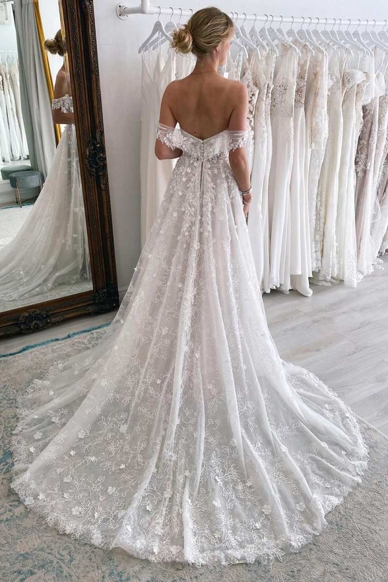 Carly | Ivory Off the Shoulder Long Lace Mermaid Wedding Dress with Appliques - KissProm