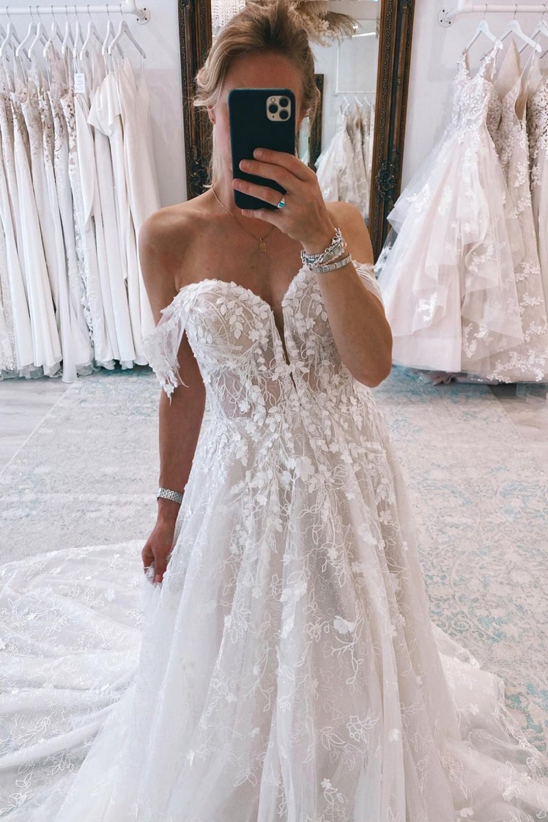 Carly | Ivory Off the Shoulder Long Lace Mermaid Wedding Dress with Appliques - KissProm