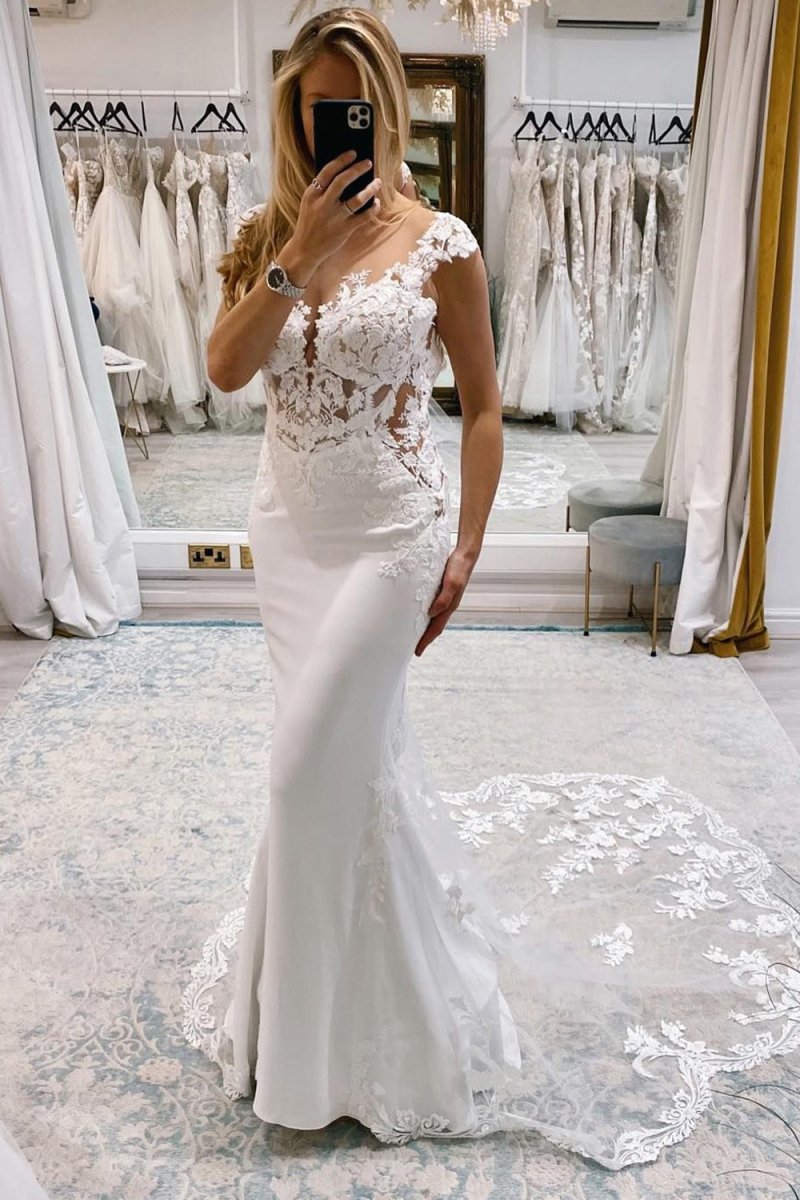 Kimber | White Mermaid Deep V - Neck Backless Long Wedding Dress with Lace - KissProm