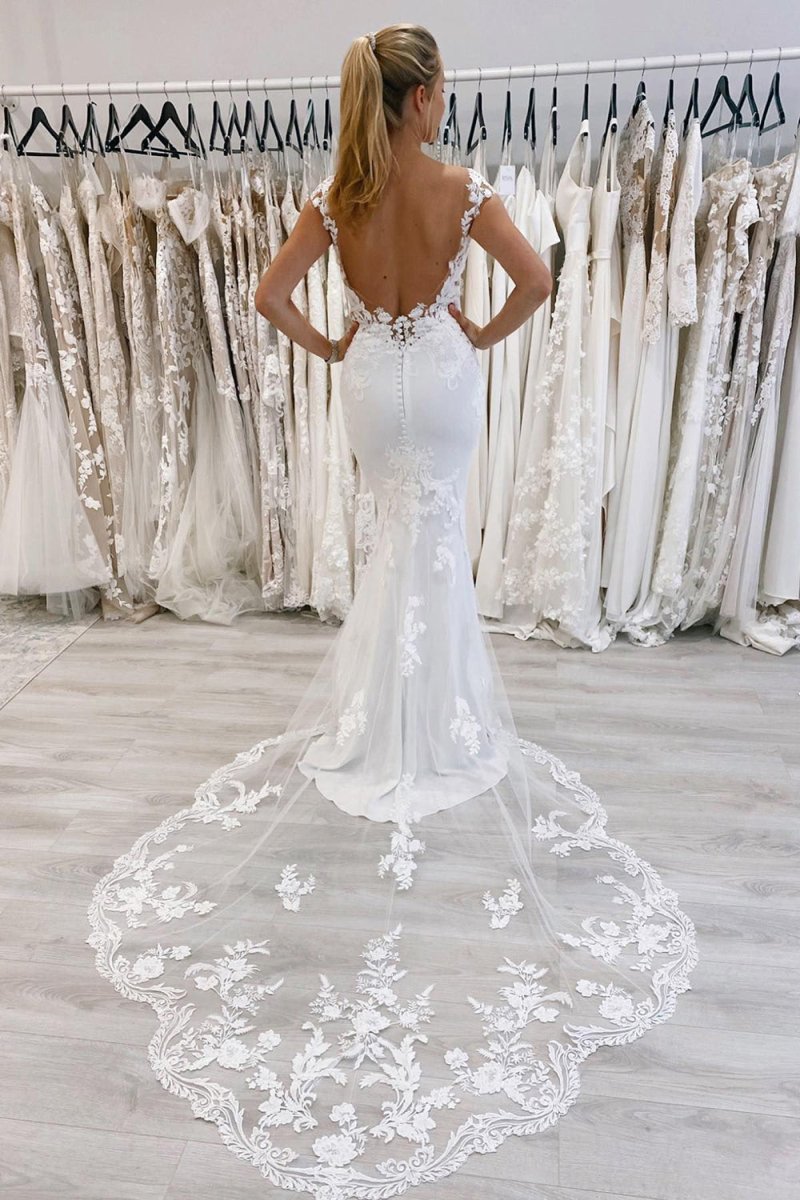 Kimber | White Mermaid Deep V - Neck Backless Long Wedding Dress with Lace - KissProm