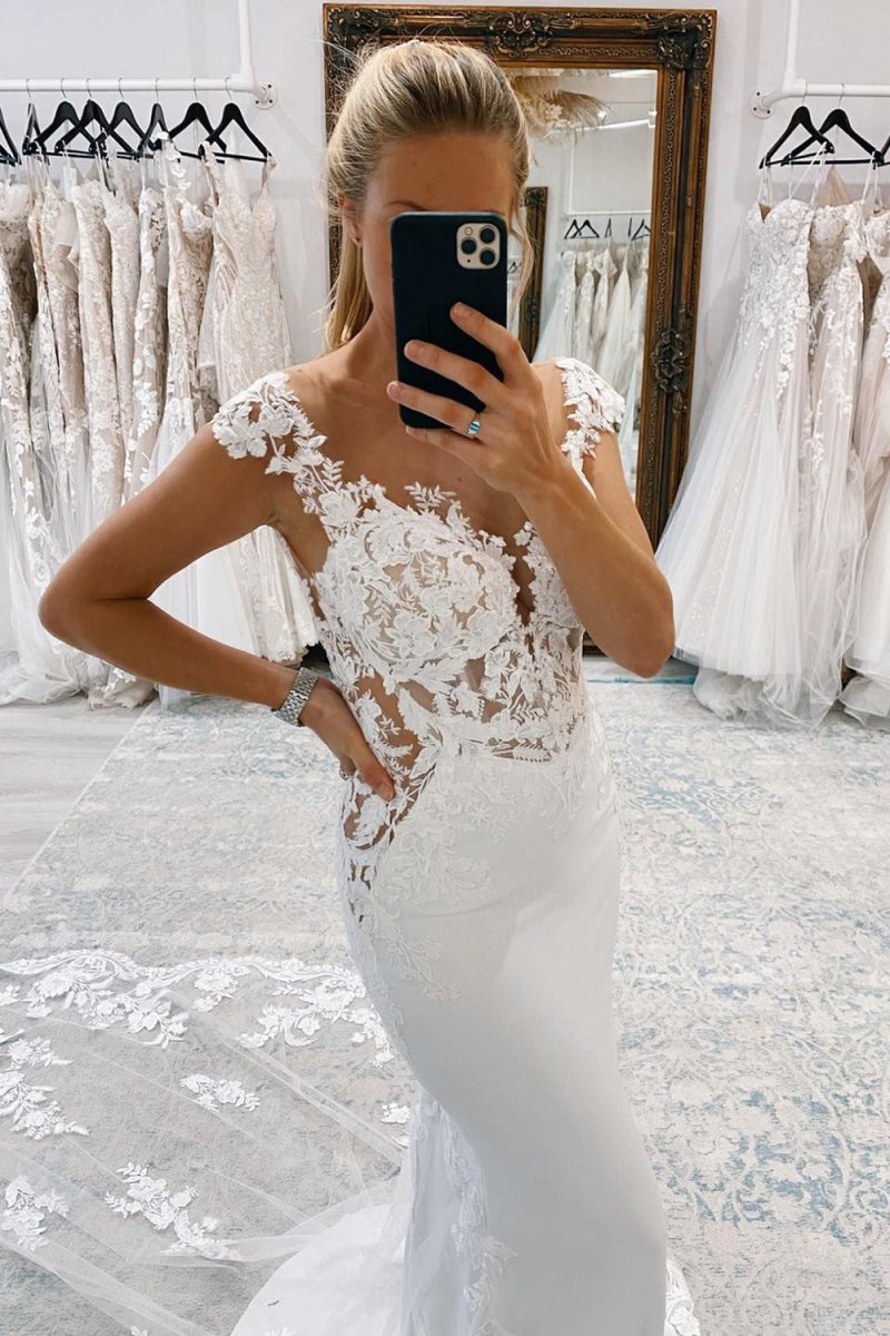 Kimber | White Mermaid Deep V - Neck Backless Long Wedding Dress with Lace - KissProm