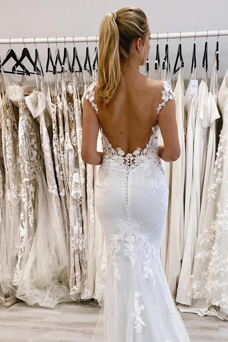 Kimber | White Mermaid Deep V - Neck Backless Long Wedding Dress with Lace - KissProm