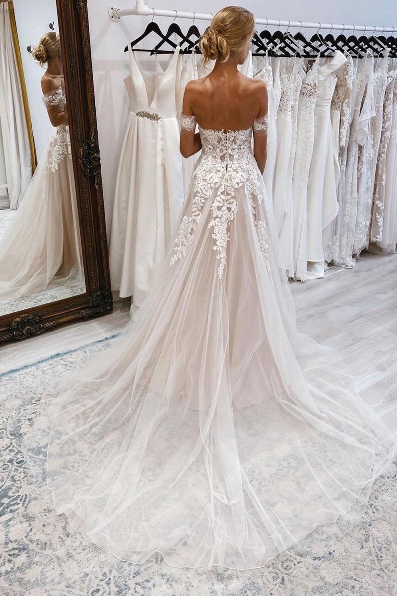 Noor | A - Line Ivory Off the Shoulder Long Wedding Dress with Lace Appliques - KissProm