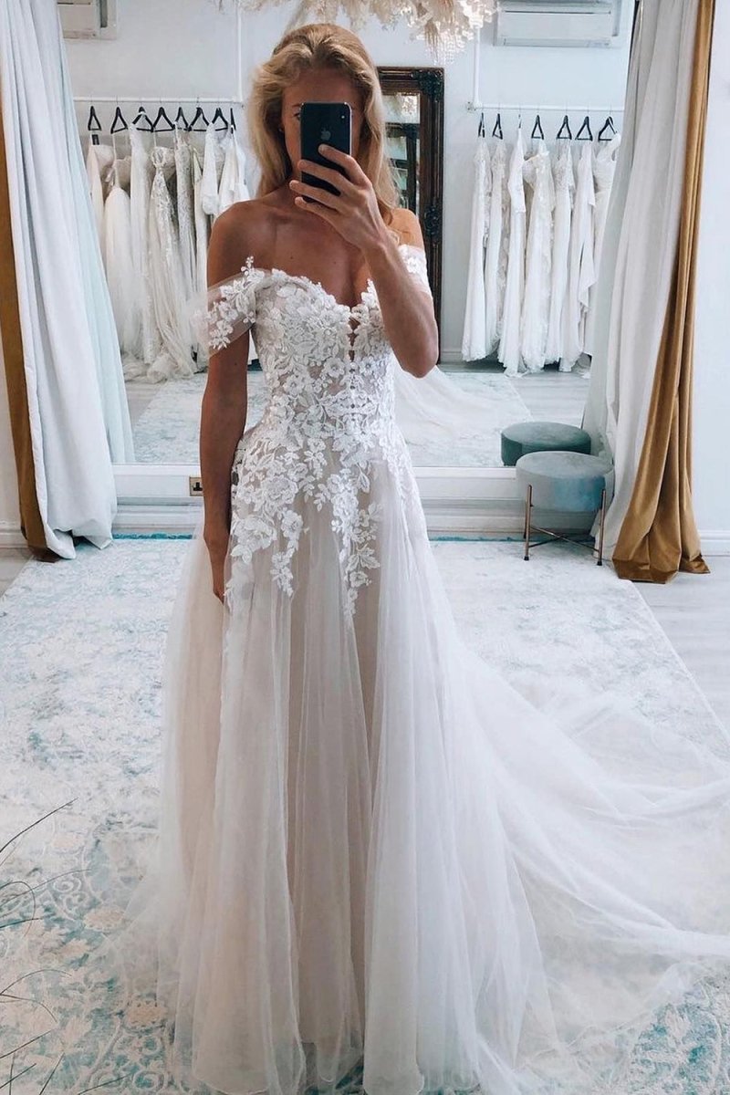 Noor | A - Line Ivory Off the Shoulder Long Wedding Dress with Lace Appliques - KissProm