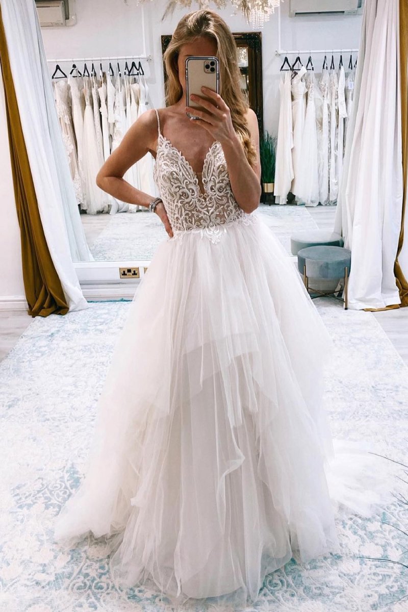 Ashlynn | Ivory A - Line Backless Tulle Long Wedding Dress with Appliques - KissProm