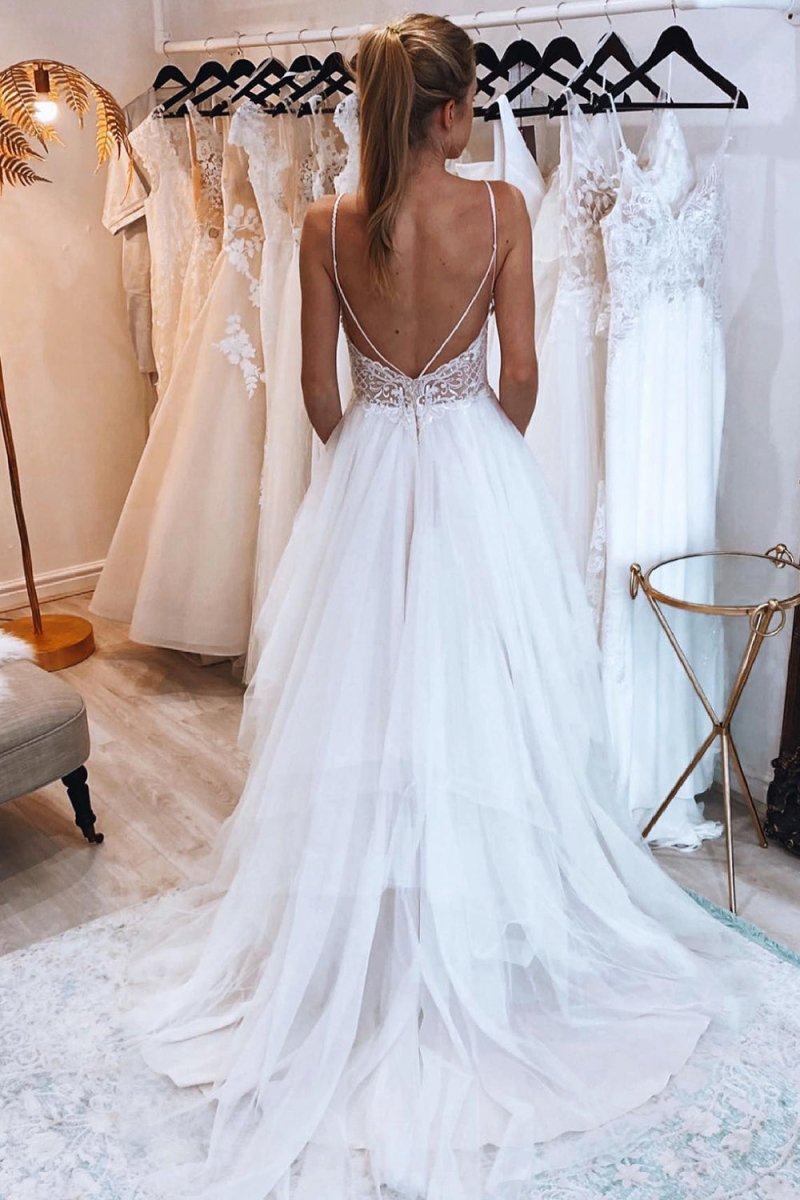 Ashlynn | Ivory A - Line Backless Tulle Long Wedding Dress with Appliques - KissProm