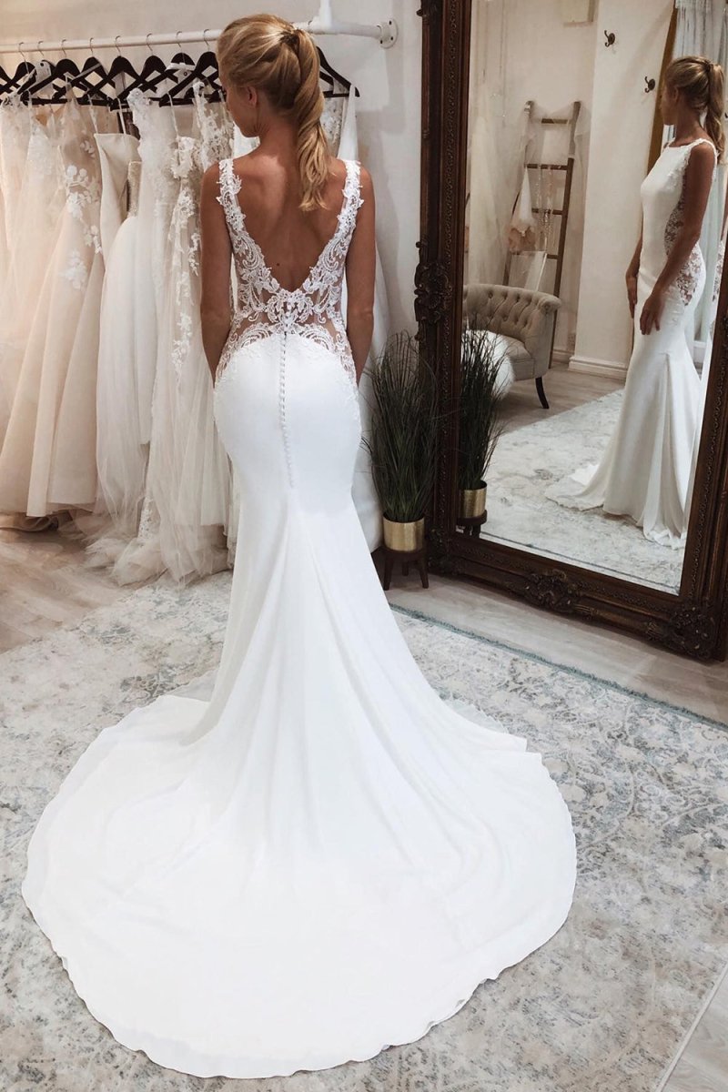 Dulce | White Long Mermaid Boho Wedding Dress with Appliqued - KissProm