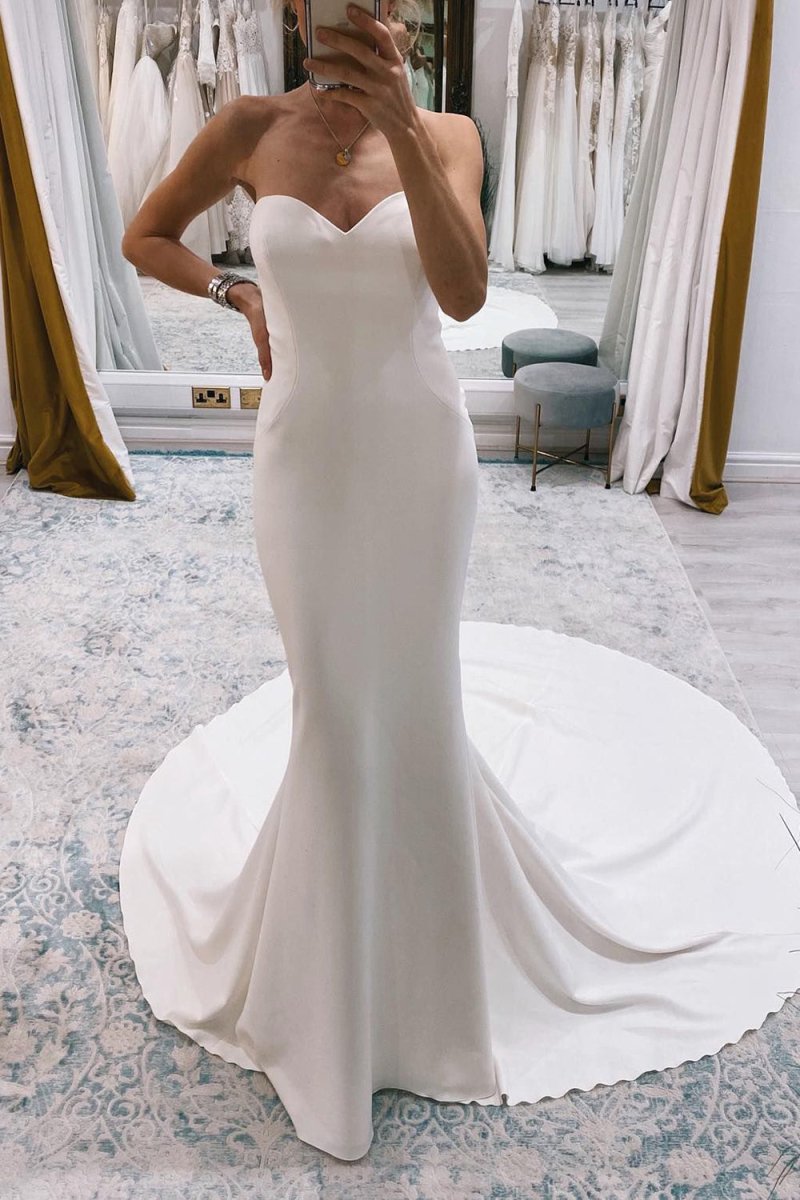 Jolie | White Simple Sweep Train Boho Long Mermaid Wedding Dress - KissProm