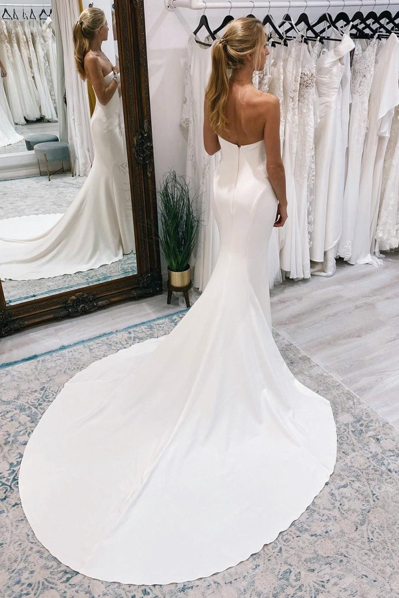 Jolie | White Simple Sweep Train Boho Long Mermaid Wedding Dress - KissProm