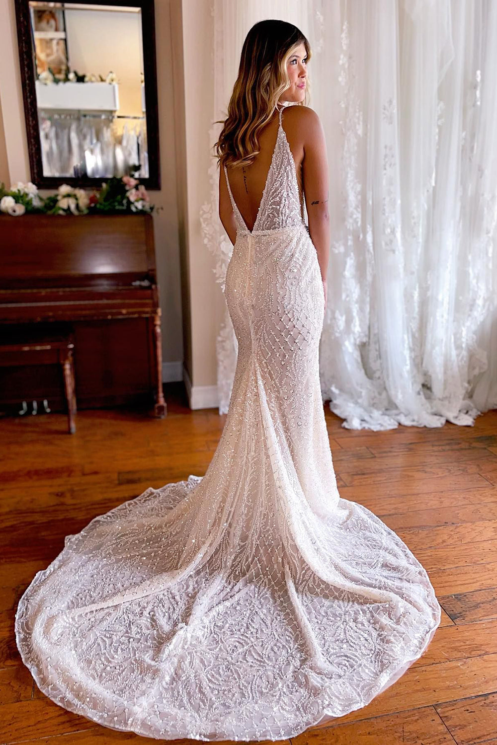 White lace backless wedding on sale dress